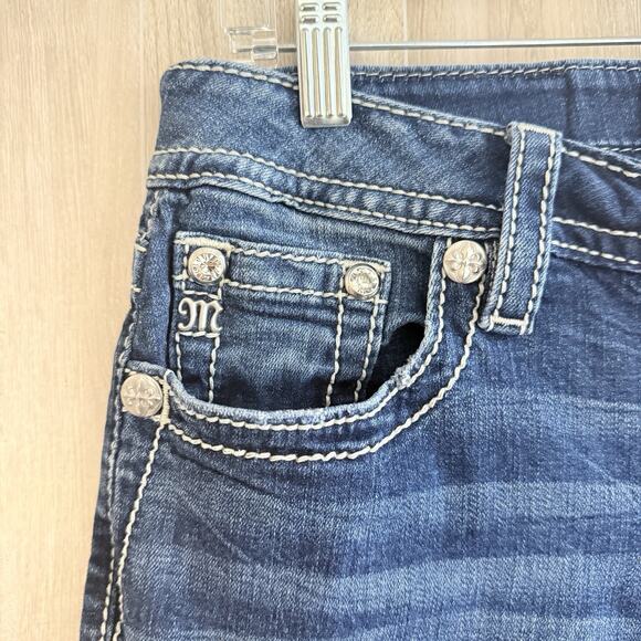 Miss Me Jeans Women 29 Floral Swirl Horseshoe Bling Pocket Mid Rise Boot Cut - Picture 8 of 16